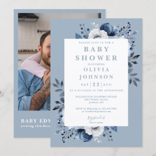 Elegant Dusty Blue Floral Photo QR Baby Shower Invitation