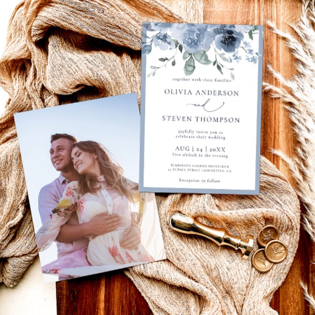 Elegant Dusty Blue Floral Photo Wedding Invitation (Creator Uploaded)