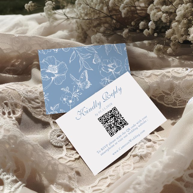 Elegant Dusty Blue Floral QR Code Wedding RSVP  Card (Creator Uploaded)