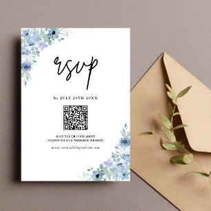 Elegant Dusty Blue Floral QR Code Wedding RSVP Card