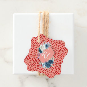 Elegant Dusty Blue Floral & Red Hearts Monogrammed Favour Tags