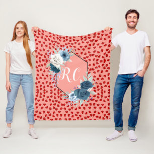 Elegant Dusty Blue Floral & Red Hearts Monogrammed Fleece Blanket