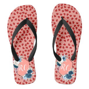 Elegant Dusty Blue Floral & Red Hearts Monogrammed Jandals