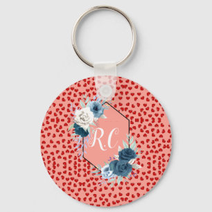 Elegant Dusty Blue Floral & Red Hearts Monogrammed Key Ring