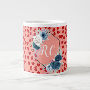 Elegant Dusty Blue Floral & Red Hearts Monogrammed Large Coffee Mug