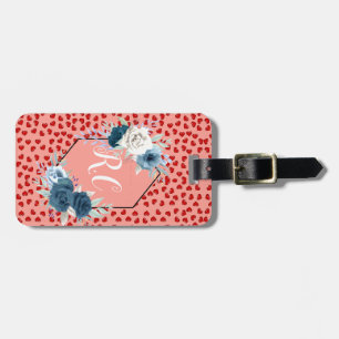 Elegant Dusty Blue Floral & Red Hearts Monogrammed Luggage Tag