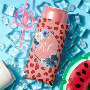 Elegant Dusty Blue Floral & Red Hearts Monogrammed Seltzer Can Cooler