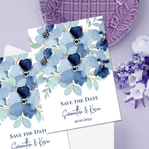 Elegant Dusty Blue Floral Save the Date Card