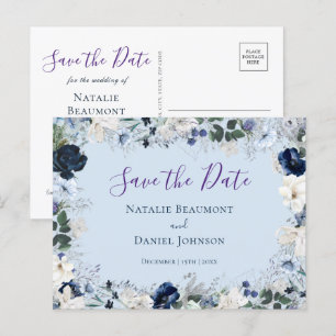 Elegant Dusty Blue Floral Save the Date Invitation Postcard