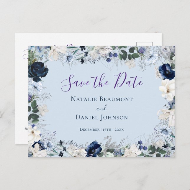 Elegant Dusty Blue Floral Save the Date Invitation Postcard (Front/Back)