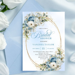 Elegant Dusty Blue Floral Script Bridal Shower   Invitation