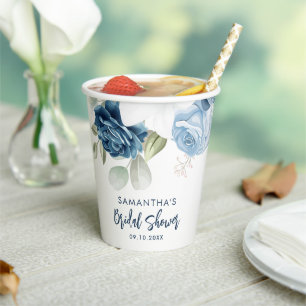 Elegant Dusty Blue Floral Script Bridal Shower Paper Cups