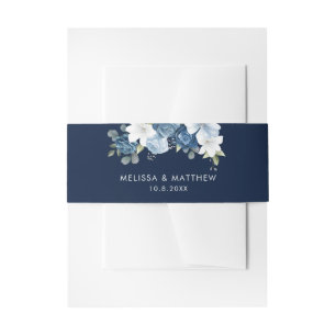 Elegant Dusty Blue Floral Script Wedding Invitation Belly Band