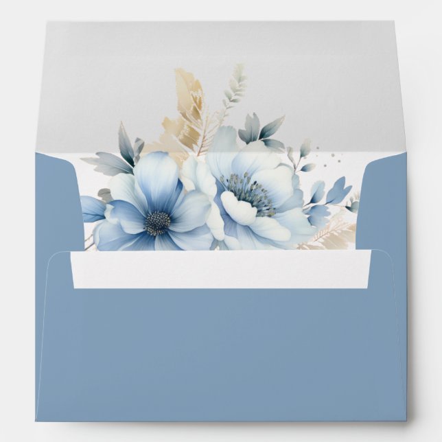 Elegant Dusty Blue Floral Spring Bloom Wedding  Envelope (Back (Bottom))