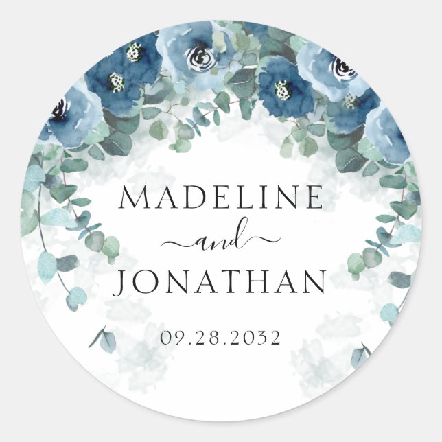 Elegant Dusty Blue Floral Square Border Wedding Classic Round Sticker (Front)