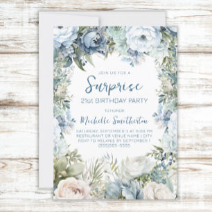 Elegant Dusty Blue Floral Surprise 21st Birthday Invitation