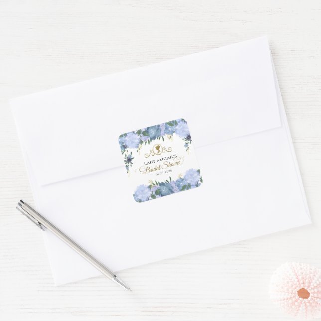 Elegant Dusty Blue Floral Victorian Bridal Shower Square Sticker (Envelope)