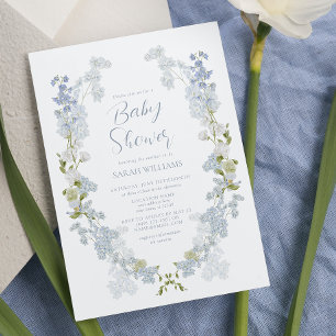 Elegant Dusty Blue Floral Watercolor Baby Shower Invitation