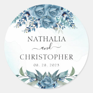 Elegant Dusty Blue Floral Watercolor Border Classic Round Sticker