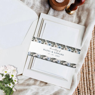 Elegant Dusty Blue Floral watercolor Wedding Invitation Belly Band