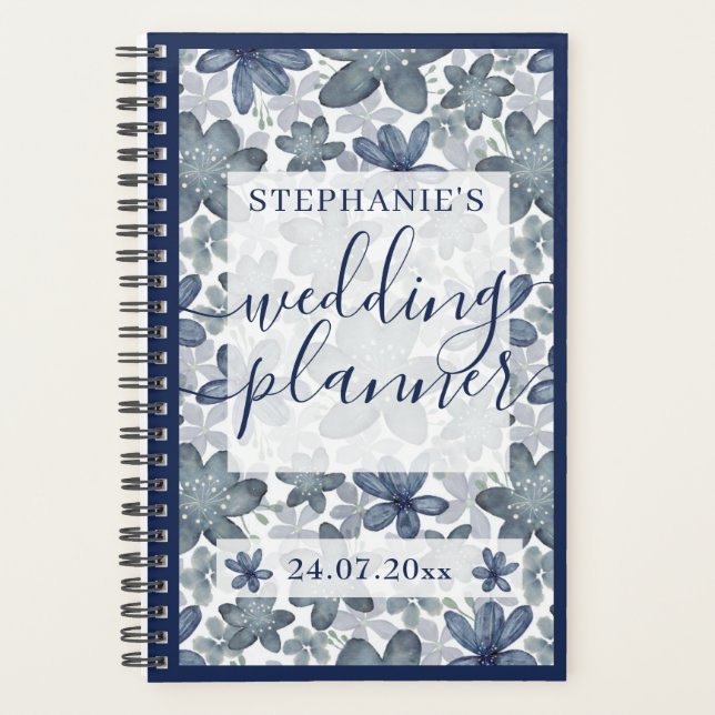 Elegant dusty blue floral watercolor wedding planner (Front)