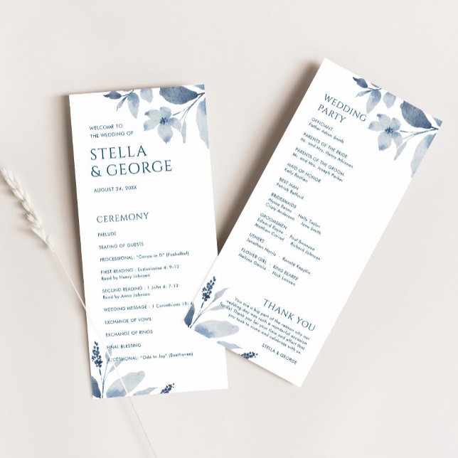 Elegant Dusty Blue Floral Watercolor Wedding Programme (Creator Uploaded)