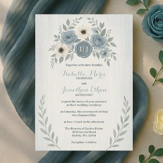 Elegant Dusty Blue Floral Wax Seal Wedding Invitation