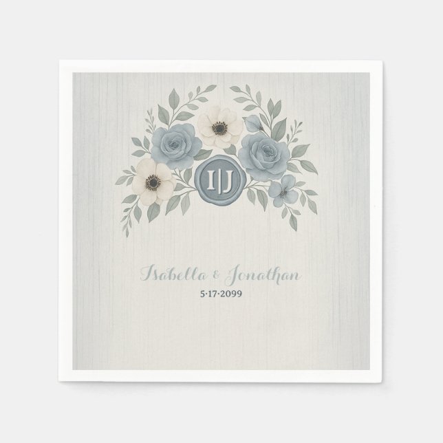 Elegant Dusty Blue Floral Wax Seal Wedding Napkin (Front)