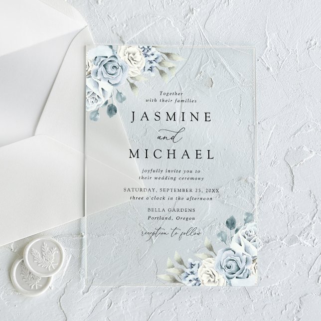 Elegant Dusty Blue Floral Wedding Acrylic Invitations (Creator Uploaded)