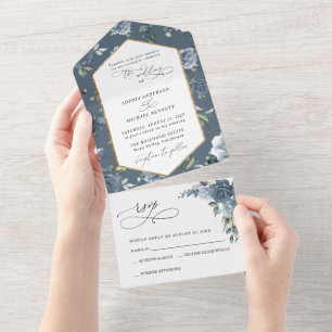 Elegant Dusty Blue Floral Wedding All In One Invitation