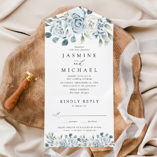 Elegant Dusty Blue Floral Wedding All In One Invitation