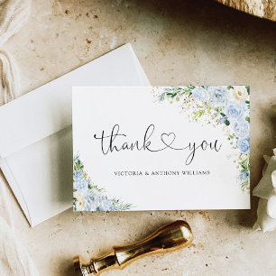 Elegant Dusty Blue Floral Wedding Ceremony Flat  Thank You Card
