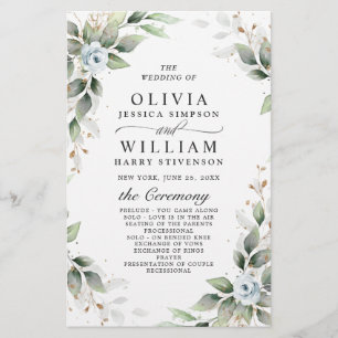 Elegant Dusty Blue Floral Wedding Ceremony Program