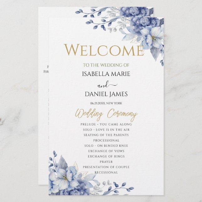 Elegant Dusty Blue Floral Wedding Ceremony Program (Front/Back)