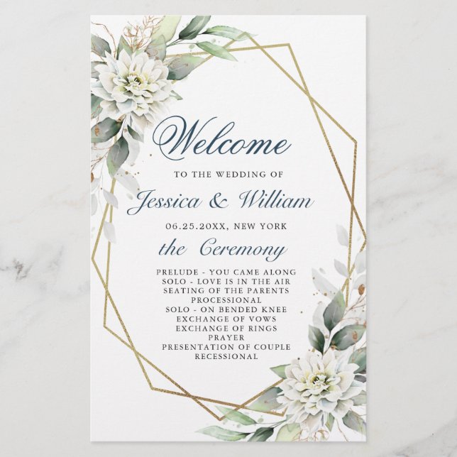 Elegant Dusty Blue Floral Wedding Ceremony Program (Front)