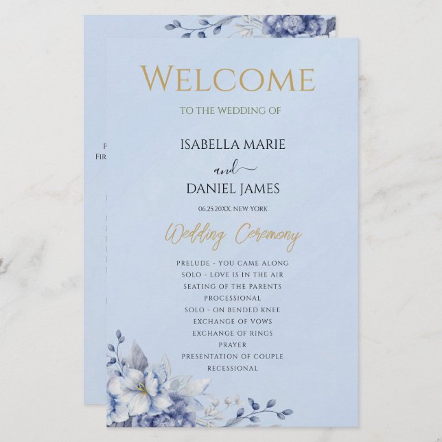Elegant Dusty Blue Floral Wedding Ceremony Program (Front/Back)