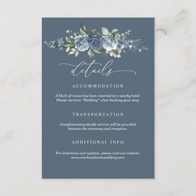 Elegant Dusty Blue Floral Wedding Enclosure Card (Front)