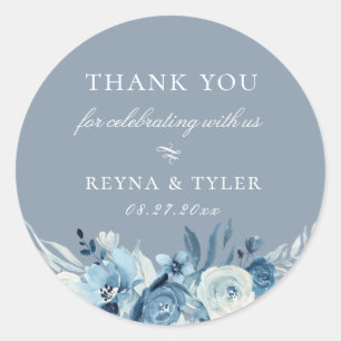 Elegant Dusty Blue Floral Wedding Favour Classic Round Sticker