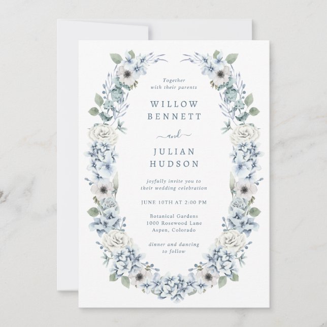 Elegant Dusty Blue Floral Wedding Invitation (Front)