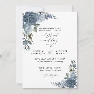 Elegant Dusty Blue Floral Wedding Invitation