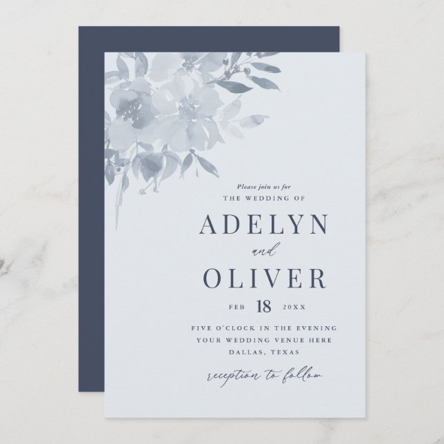 Elegant Dusty Blue Floral Wedding Invitation (Front/Back)