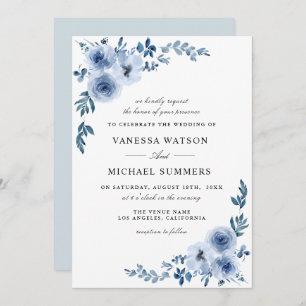 Elegant dusty blue floral wedding invitation