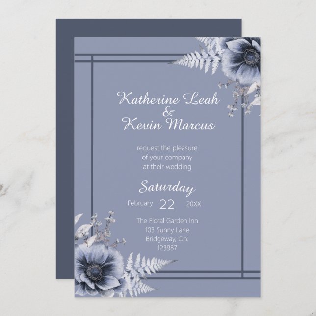 Elegant Dusty Blue Floral Wedding Invitation (Front/Back)