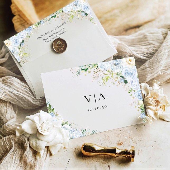 Elegant Dusty Blue Floral Wedding Invitation Envelope (Creator Uploaded)