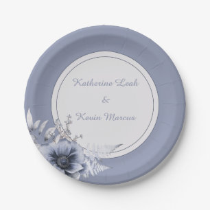 Elegant Dusty Blue Floral Wedding Paper Plate