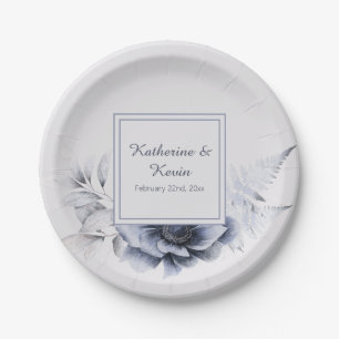 Elegant Dusty Blue Floral Wedding Paper Plate