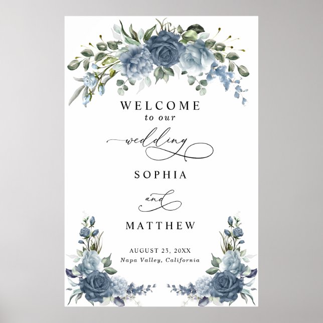 Elegant Dusty blue Floral Wedding Poster (Front)