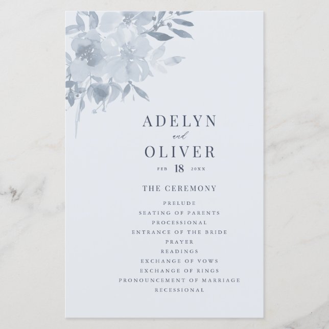 Elegant Dusty Blue Floral Wedding  Program (Front)