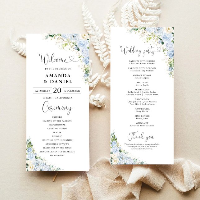 Elegant Dusty Blue Floral Wedding Program Programme (Creator Uploaded)