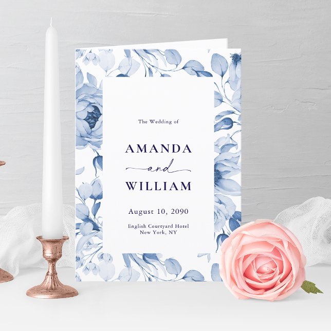 Elegant Dusty Blue Floral Wedding Program Thank You Card (Creator Uploaded)